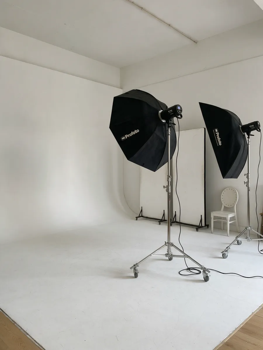 The studio's curved white cyclorama, lit with two Profoto softboxes on wheeled stands